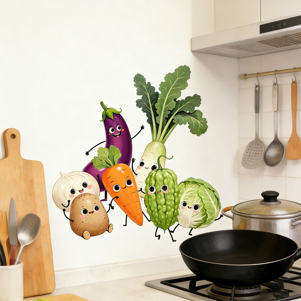 Pvc Panel Background - สติกเกอร์ติดผนังลายผัก แสดงอารมณ์ สำหรับตกแต่งบ้าน วัสดุ PVC มีกาวในตัว